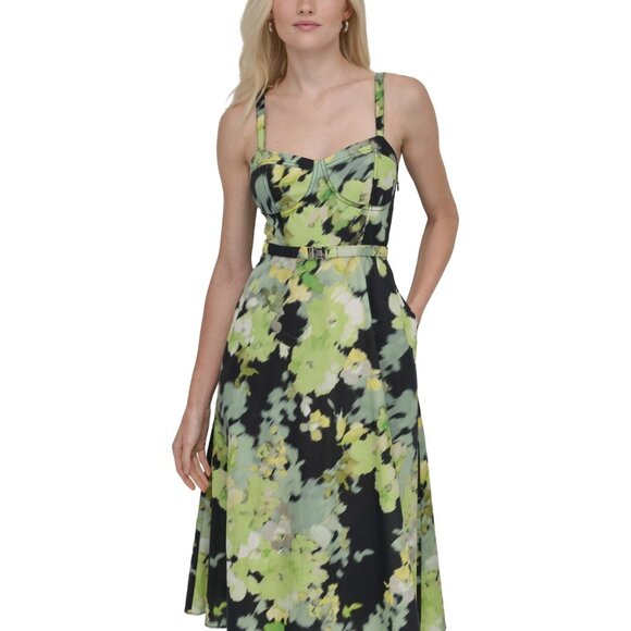 DKNY Vibrant Green and Black Floral Midi Dress - Picture 4 of 6